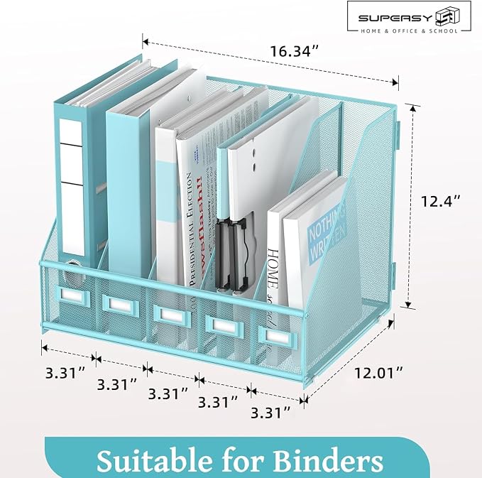 SUPEASY Desk Organizers Metal Desk Magazine File Holder with 5 Vertical Compartments Rack File Organizer for Office Desktop, Classroom, Home Workspace, Blue Plus - Image 3