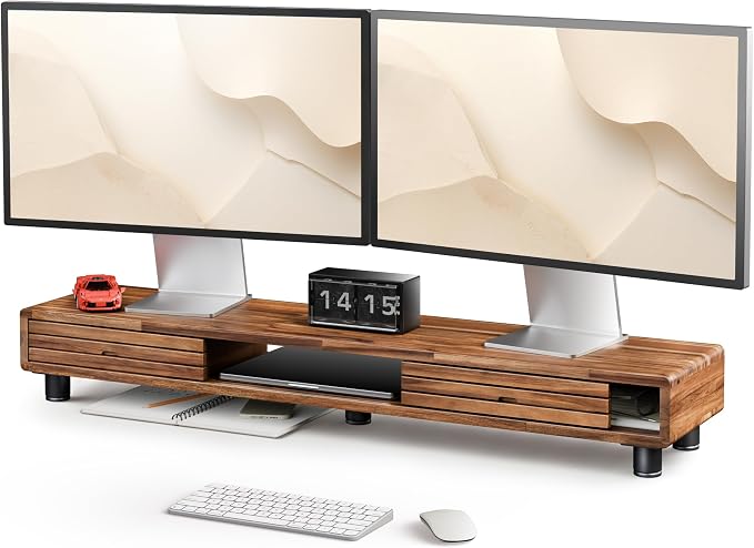 Tinamo 42.5" Dual Monitor Stand Riser with Sliding Doors – Solid Acacia Wood Desk Shelf for 2 Monitors, Desktop Organizer with Storage, Ergonomic 5" Height for Computer, Laptop, Printer, TV by TINAMO