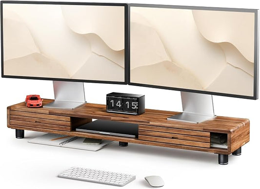 Tinamo 42.5" Dual Monitor Stand Riser with Sliding Doors – Solid Acacia Wood Desk Shelf for 2 Monitors, Desktop Organizer with Storage, Ergonomic 5" Height for Computer, Laptop, Printer, TV by TINAMO