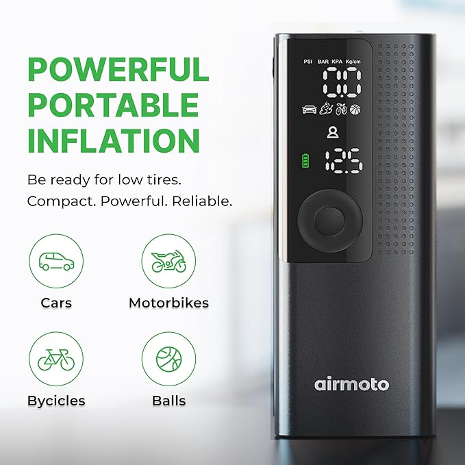 Airmoto Tire Inflator Portable Air Compressor - Air Pump For Car Tires with Digital Pressure Gauge, LED Light and Auto Shut-Off Function - Cordless Pump for Car, Motorcycle, Bicycle, Ball - Image 5