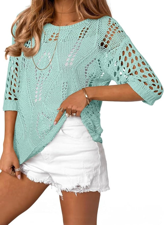 EVALESS Womens Crochet Hollow Out Knit Tops Half Sleeve Spring Summer Sweaters Beach Cover Ups for Women Trendy 2026 by EVALESS