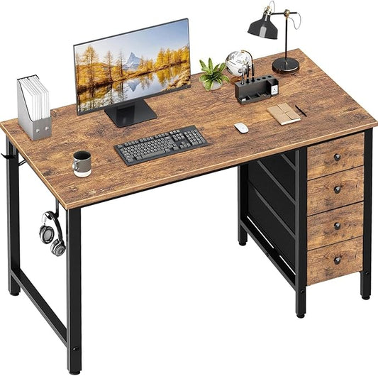 Lufeiya 40 inch Computer Desk with 4 Fabric Drawers, Kids Student Reversible Small Desks for Home Office Small Space, Work PC Desk Table for Bedroom, Rustic Brown by LUFEIYA