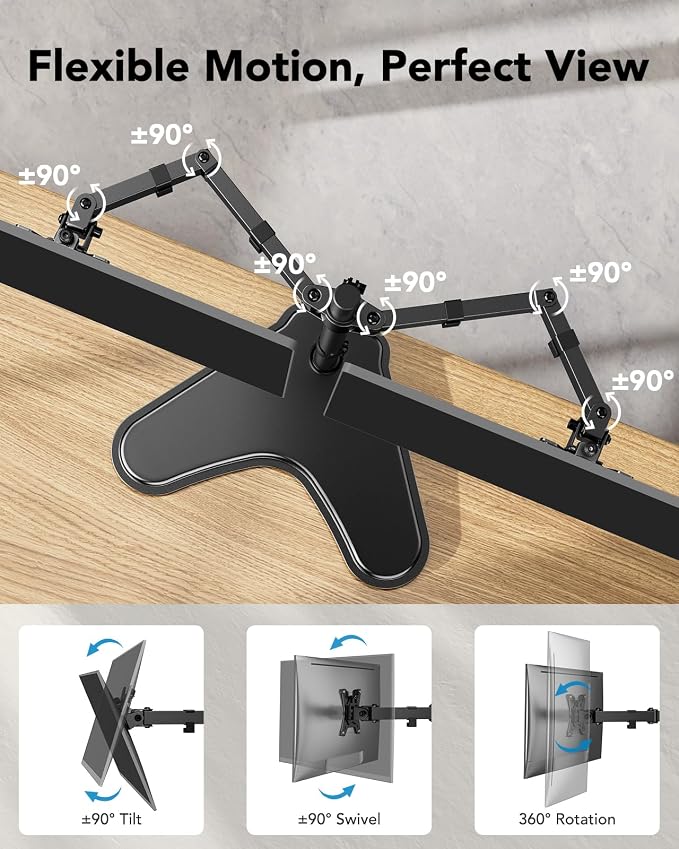 HUANUO 32 inches Dual Monitor Stand up to 17.6lbs per Arm, High-Grade Aluminum Free Standing Dual Monitors Mount for 2 Screens. Fully Adjustable Dual Monitor Stand for Desk with Tilt, Swivel, Rotation - Image 5