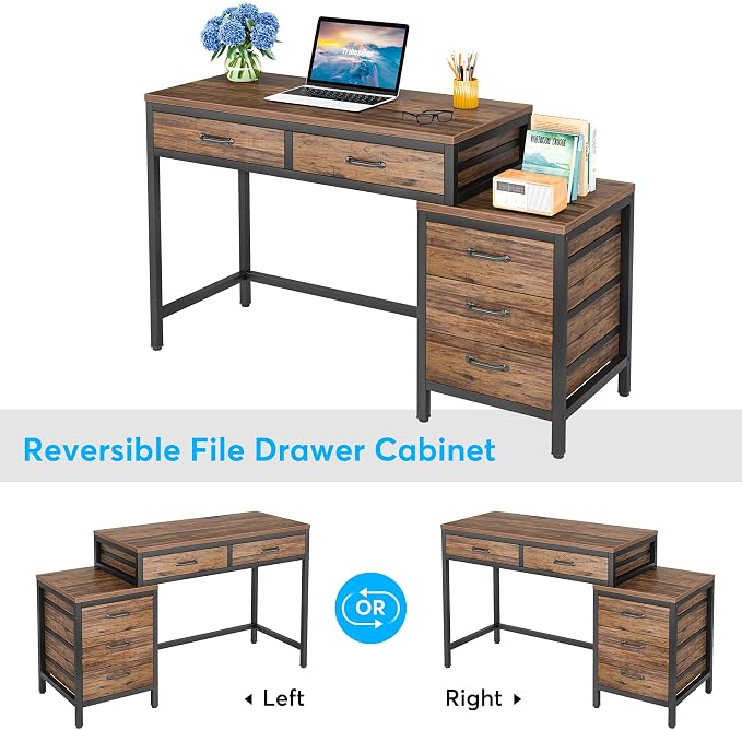 Tribesigns Computer Desk with 5 Drawers, Reversible Home Office Desks | Small Desk with Drawer Cabinet Printer Stand, PC Desk with Storage, Rustic Study Writing Table Workstation for Small Spaces - Image 4