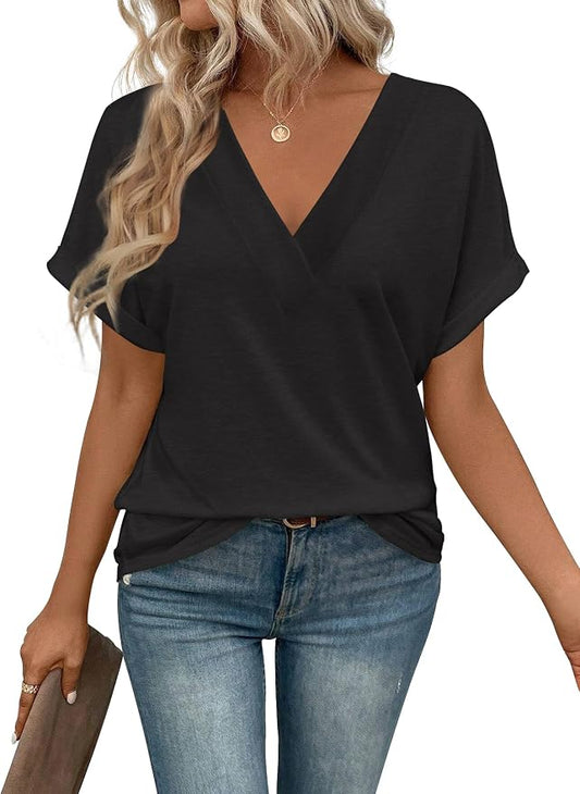 T Shirts Short Sleeve V Neck Tees Womens Tops Beach Vacation Fashion Clothes 2026 Casual Summer Spring Fall Outfits by EyMuseWomensTops