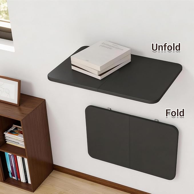 Neoaider Wall Mounted Folding Desk 23.6” x 15.7”, Black | Drop Down Table with Metal Collapsible Brackets, Folding Wall Table for Small Spaces, Home, Office, Kitchen, Laundry Room - Image 8