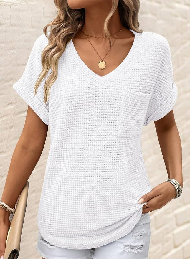 Dokotoo Womens Waffle Knit Tops 2026 Spring Summer V Neck Shirts Casual Trendy Women's Blouses Basic Tee - Image 2