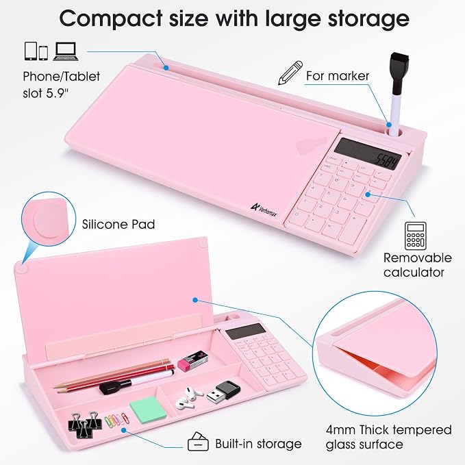 Varhomax Glass Desk Whiteboard Pink with Calculator, Desktop Dry Erase White Board with Storage, to Do List Memo Notepad for Home and Office - Image 6