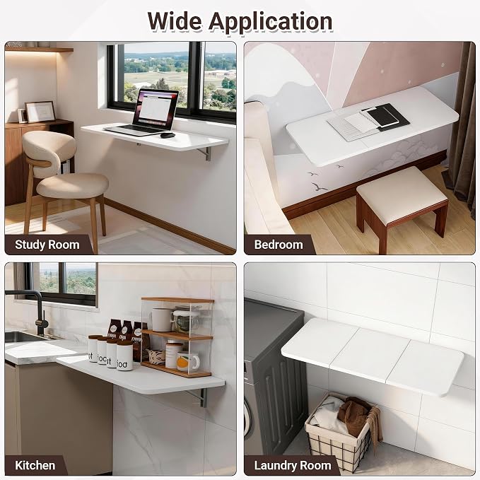 Neoaider Wall Mounted Folding Desk 35.4” x 15.7”, White | Drop Down Table with Metal Collapsible Brackets, Folding Wall Table for Small Spaces, Home, Office, Kitchen, Laundry Room - Image 8