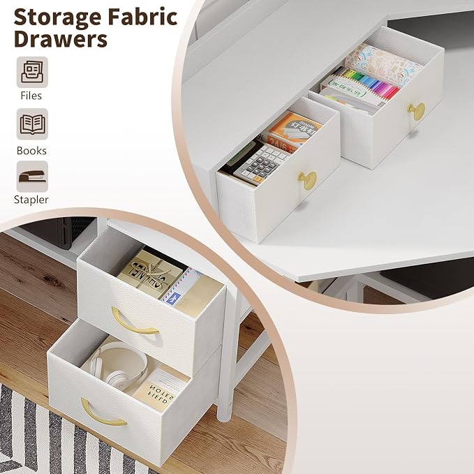 VENNQD Corner Desk with 6 Drawers Shelves for Small Space Computer Desk with Power Outlets,Gaming Desk with Printer Monitor Stand Storage for Home Office Workstation Writing Table (White, 31.5) - Image 7
