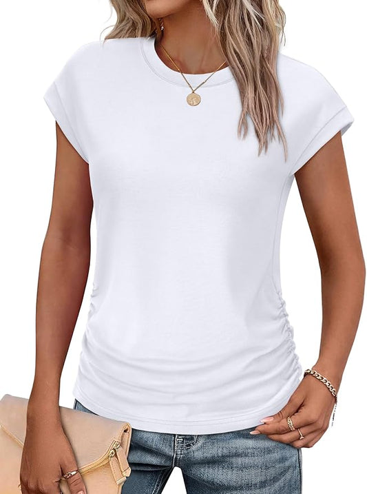 Sampeel Womens Summer Tops Trendy 2026 Ruched Cap Short Sleeve Tshirts Shirts Crew Neck T Shirts Fashion by SAMPEEL