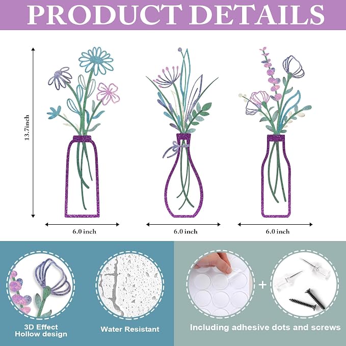Pigort 3 Pieces Metal Flowers Wall Arts - Rustic Farmhouse Decor Purple Minimalist Flower Wall Decors for Living room Bathroom Bedroom Dining Room-Housewarming Gifts(Purple, Vase-C) - Image 2