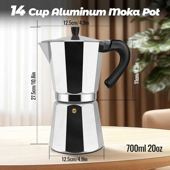 14 Cup Aluminum Moka Pot Classic Stovetop Espresso Coffee Maker 700ml 23oz Coffeemaker Percolator Mocha Pot Greca Coffee Maker Cafe Makers for Italian and Cuban Café Brewing Silver - Image 2