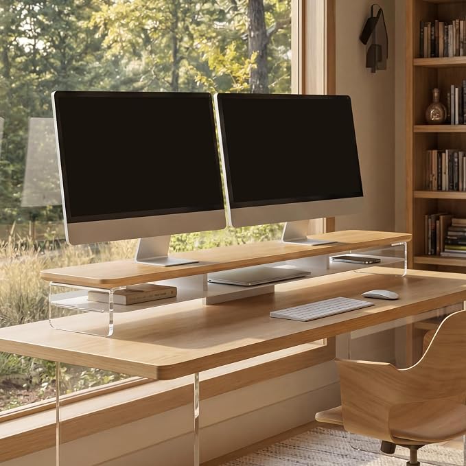 Fenge 42.5" Dual Monitor Stand with Clear Acrylic Legs, Dark Oak | Clear acrylic, storage compartment, 2-tier home office monitor riser, wide large desktop shelf fit monitor/laptop/printer - Image 2