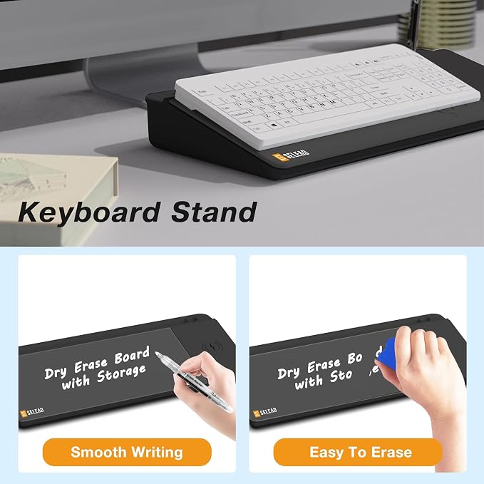 SELEAD Desktop Glass Whiteboard with Wireless Charger Station, Dry Erase Board Computer Pad Keyboard Stand with Organizer Drawer for Home, School, Office Desk Accessories, Black - Image 4