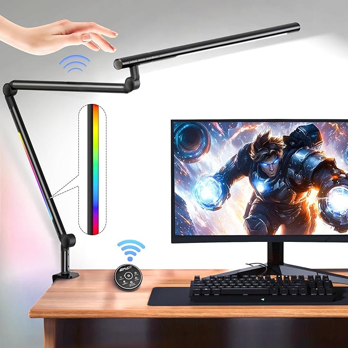 LED Desk Lamp with Clamp, 18W Architect Desk Lamp with Dual Light, Flexible 3 Sections Swing Arm, with RGB Light, with Remote, with Sensor Switch, Stepless Dimming, 4 Color Mode & 5 Brightness by SUNLINKCO