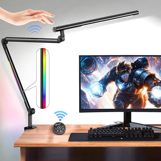 LED Desk Lamp with Clamp, 18W Architect Desk Lamp with Dual Light, Flexible 3 Sections Swing Arm, with RGB Light, with Remote, with Sensor Switch, Stepless Dimming, 4 Color Mode & 5 Brightness by SUNLINKCO