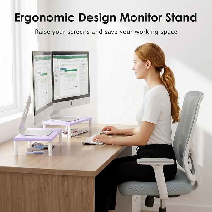 ECOLOVI Wood Computer Laptop Monitor Stand Riser, 4-Height Adjustable Desk Organizer and Accessories, Workspace Office Desk Decor & Accessories for Women, Purple - Image 2