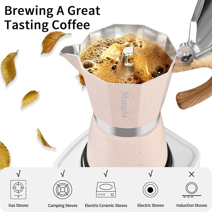 Mongdio Stovetop Espresso Maker Moka Pot, Cuban Coffee Maker Stove top coffee maker Moka Italian Espresso Greca Coffee Maker Brewer Percolator, 6 Espresso Cups, 10 oz - Pink - Image 6