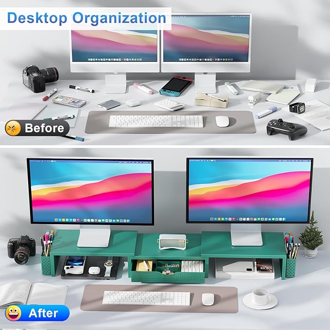 gianotter Dual Monitor Stand Riser, Desk Organizer With Drawer and 2 Pen Holders, Monitor Stand for Desk, Office Decor Essentials (Green) - Image 2