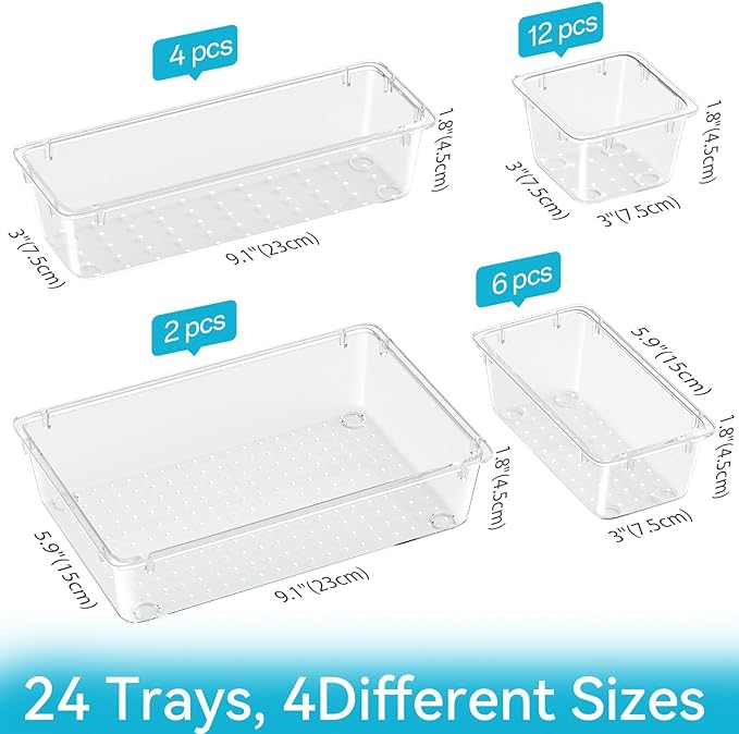 24 PCS Drawer Organizer Set, Makeup Organizers, Tool Storage Trays | 4 Sizes, Plastic, Stackable, Multiple Gadgets, Desk Drawer Divider Organizers, for Makeup, Office Supplies Storage - Image 2