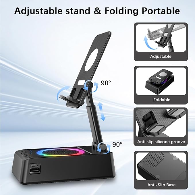 Gifts for Men Women, Cell Phone Stand with Wireless Bluetooth Speaker, 4 in 1 Bluetooth Speaker, for Men Women Teens, LED Lights 360° Phone Holder Compatible with Phones iPad - Image 3