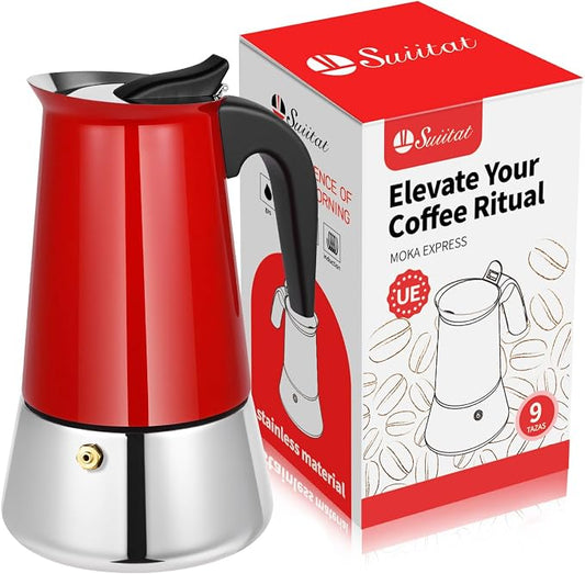 9 Cup Stainless Steel Moka Pot, 450ml Stovetop Espresso Maker, Red | 304 Stainless Steel Mocha Pot, Induction Compatible, Greca de Cafe, Cuban and Italian Coffee Maker by Suiitat