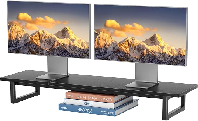 Simple Trending 38 Inch Dual Monitor Stand Riser, Wood and Steel Desktop Organizer for Home Office, Black by SimpleTrending