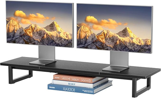 Simple Trending 38 Inch Dual Monitor Stand Riser, Wood and Steel Desktop Organizer for Home Office, Black by SimpleTrending