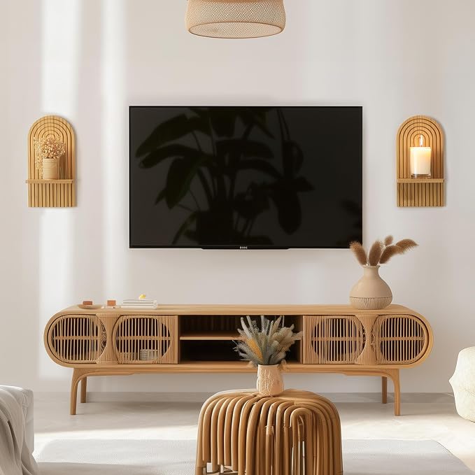 Boho Wall Decor Set of Two: Wood Wall Candle Holder | 3D Arch Design, Natural Minimalist Candle Sconces for Pillar or Plants, for Living Room, Bathroom, Nursery, Bedroom - Image 4