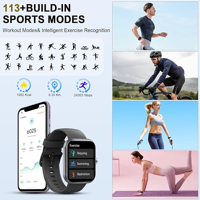 Smart Watch (Answer/Make Calls), 1.96" HD Smartatch for Men Women , 113+ Sport Modes, Fitness Tracker with Heart Rate/Sleep Monitor/Pedometer/Calories, IP68 Waterproof Running Watch for Android iOS - Image 3