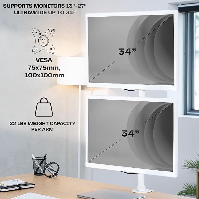 VIVO Dual Monitor Desk Mount Stand with Height Adjustment and VESA Plates for 2 LCD Ultrawide Screens up to 34 inches, Stacked Array, STAND-V002RW - Image 4