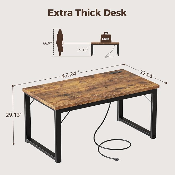 Mericonia 48 Inch Computer Desk with Power Outlets, 1.2" Thick Office Table | Modern Simple Style, Heavy Duty Industrial Frame, Small Study & Writing Table for Home Bedroom Work, Brown - Image 2