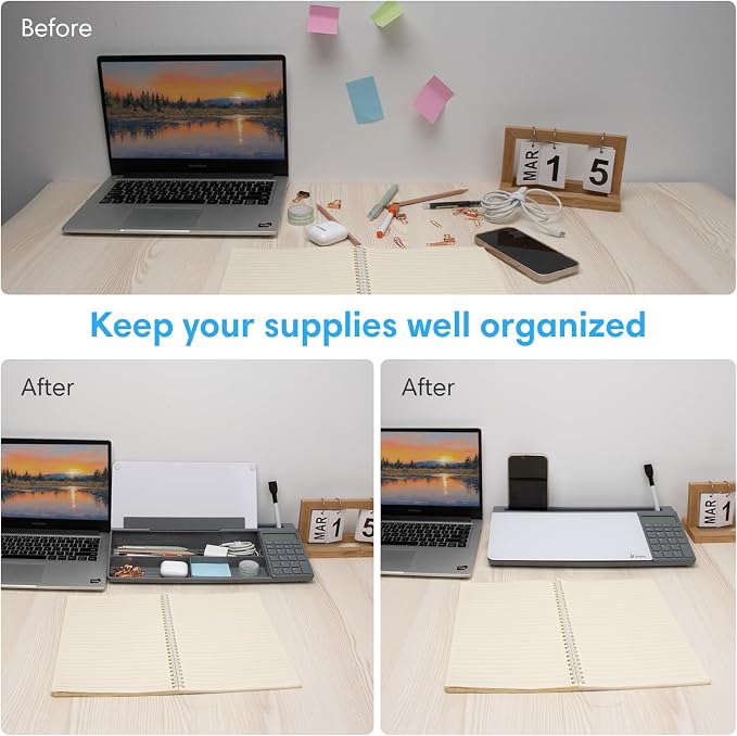 Varhomax Glass Desk Whiteboard with Calculator, Desktop Dry Erase White Board with Storage, to Do List Memo Notepad for Home and Office - Image 4