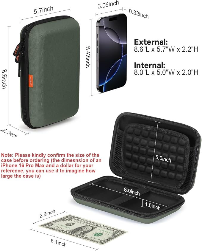 Large Classic Army-Green Case - Hard Shell Electronic Organizer Travel Carrying Case - Shockproof Electronic Accessories Storage Pouch Bag for Game Drive, Hard Disk, Power Bank, Charger - Image 3