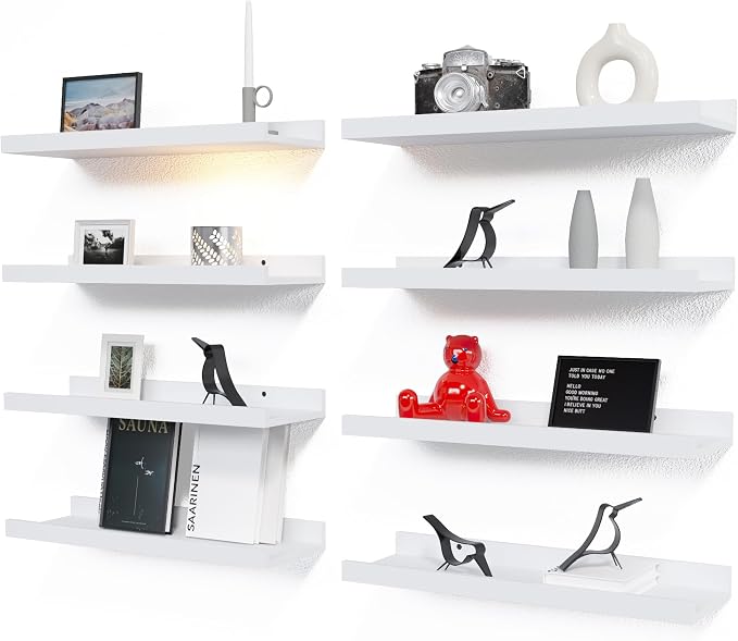 RICHER HOUSE 8 Set Floating Wall Mounted Shelves, Nursery Hanging Book Shelves with Lip for Storage, White Display Picture Ledge Shelf for Bedroom Bathroom Kitchen Living Room Wall Decor, Modern White | Display Picture Ledge Shelf, Anti-drop lip Shelf ... by RicherHouse
