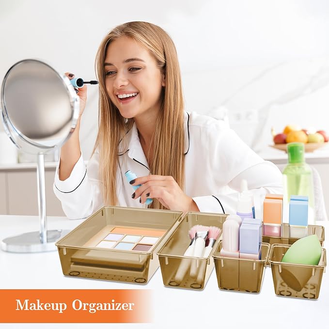 SpaceHacks 25 PCS Plastic Drawer Organizer Set, 4-Size Versatile Organizer Trays & storage Bins for Makeup, Jewelry, and Gadgets in Bathroom, Bedroom and Office,Champagne - Image 5