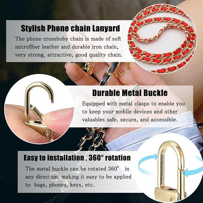 Phone Crossbody Chain Cell Phone Lanyard,Universal Leather+Metal Shouder Strap with Phone Tether Patches (M) - Image 3