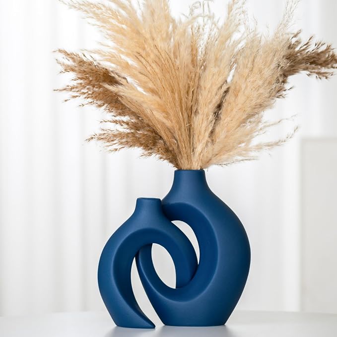 Lvases Snuggle Hollow Ceramic Flower Vase, Minimalist Decorative Vases of 2 | 8.4" Nordic Boho Home Decor Vase for Modern Aesthetic Ins Style Living Room Coffee Table Centerpieces Pampas Grass Decoration by modernhomedecoration