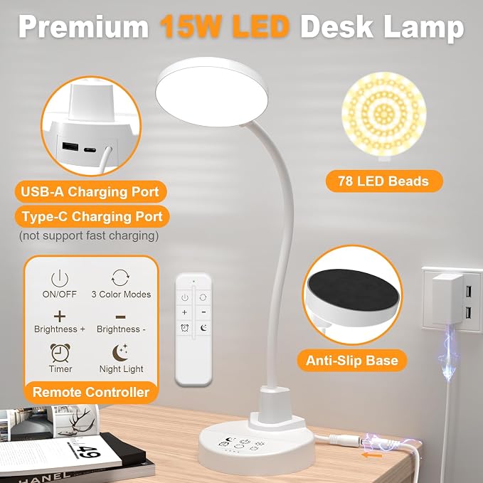 15W LED Desk Lamp with USB Charging Ports, [Button & Remote Control] Dimmable Table Lamp with 3 Color Modes, 5 Brightness Levels, 4 Timers, Flexible Reading Light for Home Office, Bedroom, Kids Study - Image 9