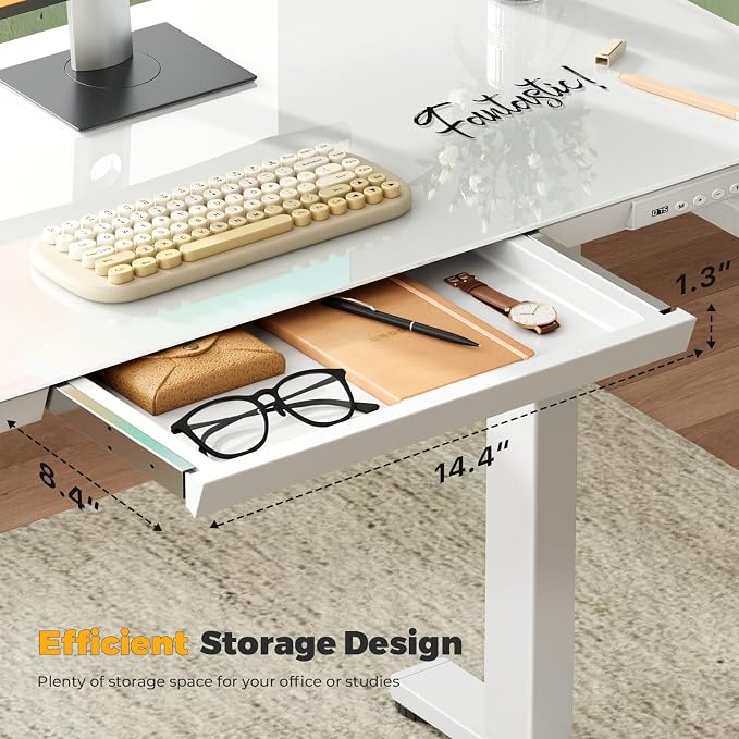 35" Electric Standing Desk with Drawer, One-Piece Glass Top | Quick Install One-Piece Tabletop with USB Charging Ports, Sit Stand Computer Desk with Wheels for Small Space, White - Image 2