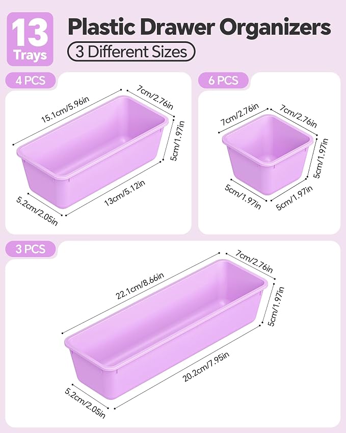 Canfanni 13 Pack Plastic Drawer Organizers Set, 3 Sizes Desk Drawer Organizer Trays for Vanity and Makeup Organizer, Organization and Storage for Makeup, Kitchen Utensils, Bathroom and Office(Purple) - Image 2