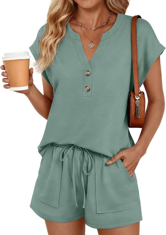 LILLUSORY 2 Piece Summer Set 2026 Henley Top & Drawstring Shorts with Pockets by Lillusory