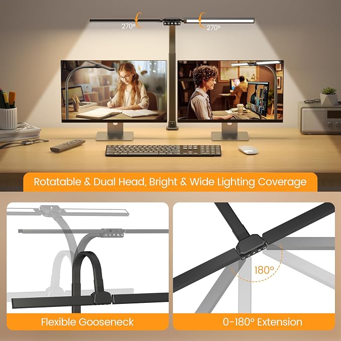 SIBRILLE Upgraded LED Desk Lamp for Home Office with RGB, Rotatable Computer Desk Light with Remote, Tall Table Lamp with Clamp for Working, Dimmable Dual Head Task Lighting for Monitor PC, 22W - Image 2
