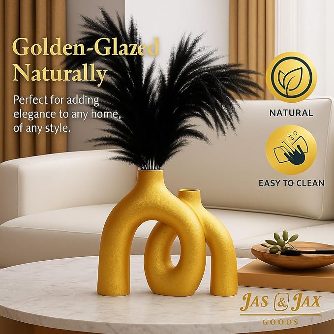 Gold Ceramic Vase Set - Modern Hug Donut Ceramic Vases by JAS & JAX GOODS, Minimalistic Nordic Home Decor Centerpiece for Console Tables, Living Room, Bookshelf, or Fireplace Mantel - Image 4