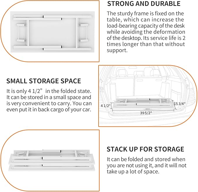 Need Office Computer Desk 39.3 Inch Sturdy Folding Laptop Table White | White Frame Writing Gaming Work Table/Foldable Home Office Desk/Sewing Table, No Assembly Required - Image 7