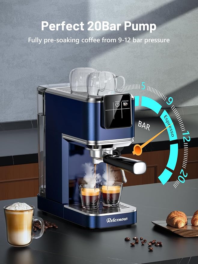 RELEXNOW Espresso Machine, 20 Bar Espresso Maker Milk Frother & LCD Panel, Hot & Iced Coffee Machine, Stainless Steel Espresso Coffee Machine with 41oz Water Tank for Cappuccino, Latte - Image 2