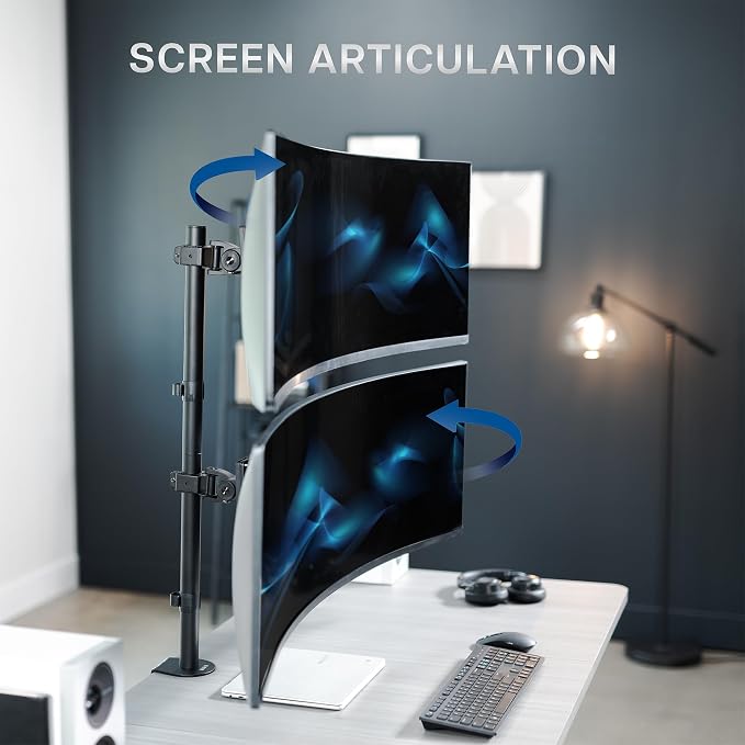 VIVO Dual Vertically Stacked Ultra-Wide Monitor Desk Mount for up to 49 inch Ultrawide Screens, Extra Tall Heavy Duty Adjustable Stand Holds 44 lbs Per Screen, Black, STAND-V202R - Image 7