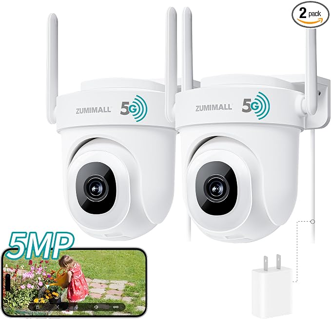 ZUMIMALL 2.5K Wired Cameras for Home Security, 2.4G/5G WiFi Outdoor Security Camera, 5MP, 24/7 Recording, AI Motion Detection, Cloud & SD Card Storage, 2-Way Audio, 360° PTZ Auto Tracking - 2-Pack by ZUMIMALL