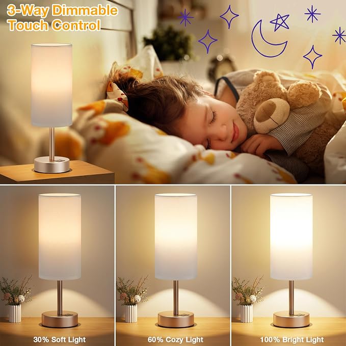 Dicoool Bedside Table Lamp for Bedroom - 3-Way Dimmable Touch Lamp, USB A+C | LED Bulb Included, 14" Small Nightstand Lamp for Desk, Living Room, Dorm, White Fabric Lampshade, Antique White Metal Base - Image 3